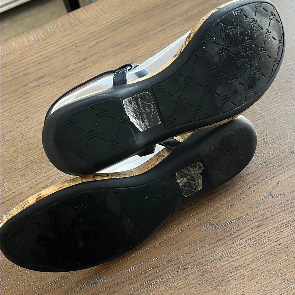 Ralph Lauren Kya‎ Blue and Tan T-Strap Sandals
